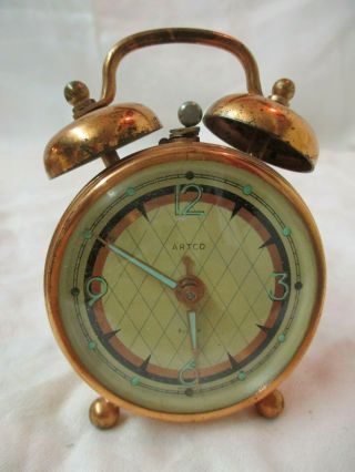 Vintage Germany Artco Copper Finish Windup Alarm Clock With Radium Dial