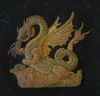 Antique Silver & Gold Bullion Embroidered Chinese Dragon On Black Wool -