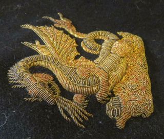 Antique Silver & Gold Bullion Embroidered CHINESE DRAGON on Black Wool - 3