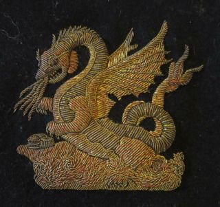 Antique Silver & Gold Bullion Embroidered CHINESE DRAGON on Black Wool - 4