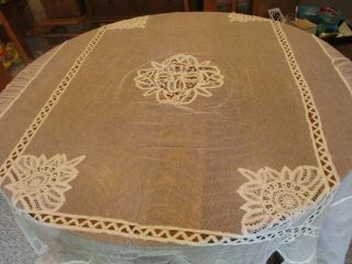 Antique Handmade White Mesh & Battenburg Lace Bed Cover And Pillow Cover