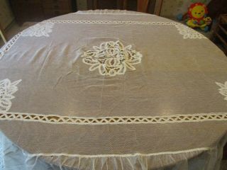 Antique Handmade White Mesh & Battenburg Lace BED COVER and PILLOW COVER 2