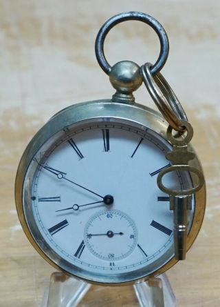 Vintage Open Face Key Wind Pocket Watch Size 18 Nickel Case With Key And
