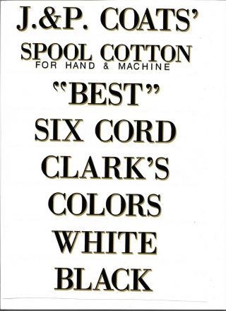 J & P Coats Spool Cabinet Label 8 Piece Set / Black Letters With Gold Shadow.