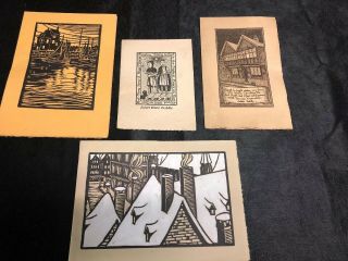 Four Juliet Peddle Modernist Wood Block Print Christmas Cards 1930 
