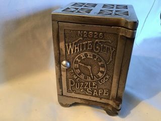 Antique Toy No.  326 White City Time Lock Puzzle Safe Cast Iron Bank