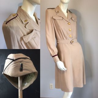 Vintage 1940s Wwii Us Army Nurse Corps Uniform Rayon Beige Dress Summer 40s Ww2