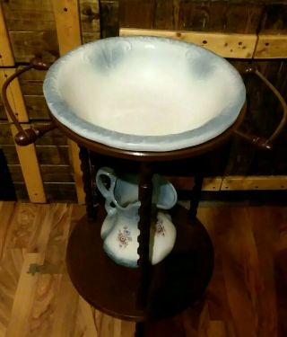 Antique Wash Basin Stand With Matching Bowl And Pitcher,  In.