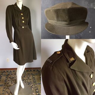 Vintage 1940s Us Army Nurse Corps Uniform Dress Dark Olive Drab Pins Cap 40s Ww2