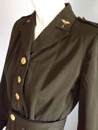 Vintage 1940s US Army Nurse Corps Uniform Dress Dark Olive Drab Pins Cap 40s WW2 6