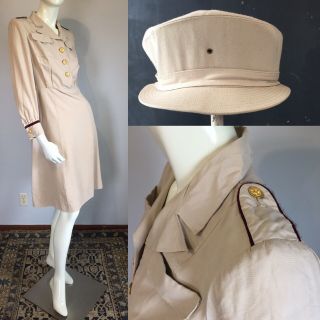 Vintage 1940s Wwii Us Army Nurse Corps Uniform Rayon Dress Beige Summer 40s Ww2