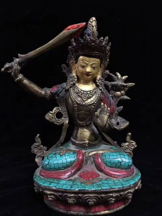 9.  2 " Old China Tibet Bronze Gold Inlaid Turquoise Green Tara Bodhisattva Statue