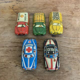 (5) Vintage Nomura Japan Tin Litho Penny Toy Cars Coal Gasoline Police Ambulance