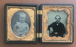 Civil War Period Daguerreotype / Tintype Pair In Gutta - Percha Case