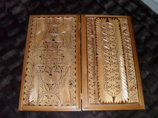 RARE ANTIQUE RUSSIAN BACKGAMMON.  EX LARGE HANDMADE CARVED SOLID OAK WOOD BEAUTY 8