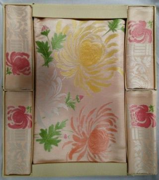 1950s Vintage Tablecloth Napkin Set Peach Pink Pastel Florals Peony Still