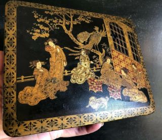 Ornate Antique Chinese Black & Gold Lacquered Wood Tea Box Caddy 7 " Old China A,