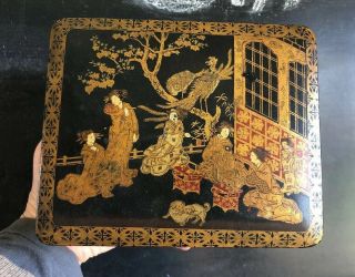 Ornate Antique Chinese Black & Gold Lacquered Wood Tea Box Caddy 7 