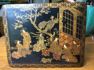 Ornate Antique Chinese Black & Gold Lacquered Wood Tea Box Caddy 7 