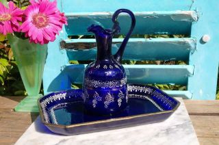 Antique Victorian Bristol Blue Glass Water Or Wine Jug With Tray H/painted Chic