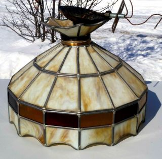 Antique 1930s Leaded Stained Cream Slag Art Glass Hanging Lamp Shade For Repair