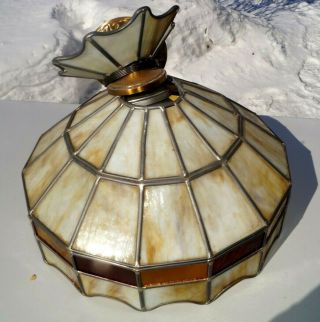 Antique 1930s Leaded Stained Cream Slag Art Glass Hanging Lamp Shade For Repair 3