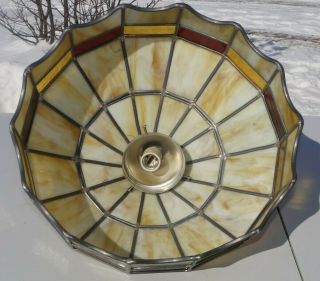 Antique 1930s Leaded Stained Cream Slag Art Glass Hanging Lamp Shade For Repair 4