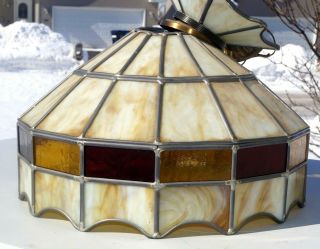 Antique 1930s Leaded Stained Cream Slag Art Glass Hanging Lamp Shade For Repair 6