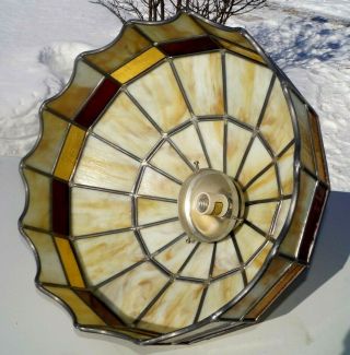 Antique 1930s Leaded Stained Cream Slag Art Glass Hanging Lamp Shade For Repair 7