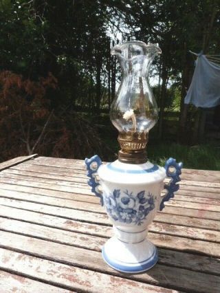 Lovely Small Vintage Ceramic Glass & Brass Oil Lamp.