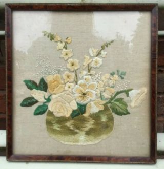 Vintage Hand Embroidered Framed Flower Picture Cream/yellow Flowers 1930s Era
