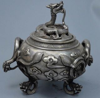 Tibet Collectable Chinese Old Miao Silver Carve Exorcism Dragon Incense Burner