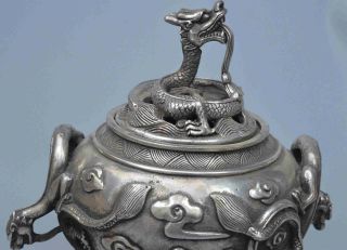 Tibet Collectable Chinese Old Miao Silver Carve Exorcism Dragon Incense Burner 2