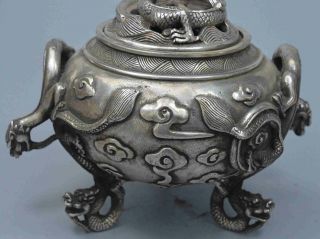 Tibet Collectable Chinese Old Miao Silver Carve Exorcism Dragon Incense Burner 3