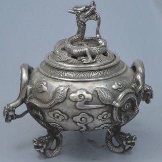 Tibet Collectable Chinese Old Miao Silver Carve Exorcism Dragon Incense Burner 4