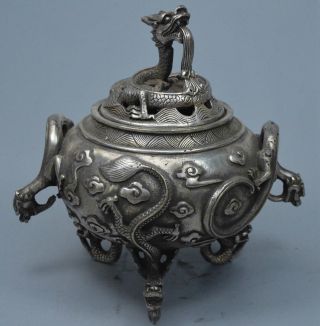 Tibet Collectable Chinese Old Miao Silver Carve Exorcism Dragon Incense Burner 5