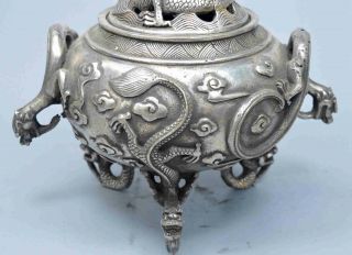Tibet Collectable Chinese Old Miao Silver Carve Exorcism Dragon Incense Burner 7
