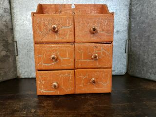 Primitive Antique Wooden 6 Drawer Spice Box Cabinet,  Old Pumpkin Orange Paint