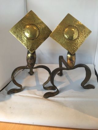 Hand Hammered Arts And Crafts Brass & Wrought Iron Fire Dogs Old Ones