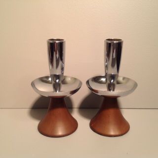 Mid Century Modern Milbern Creations Wood And Chrome Candle Holders (2)