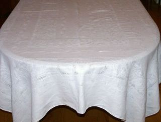 Vintage Etamine Linen Damask Tablecloth,  96 ",  Floral Design,  Snow White,  C1950