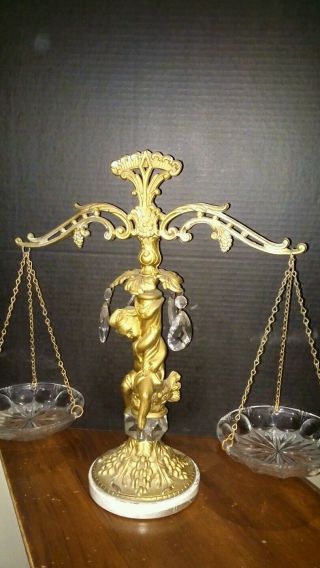 Vintage Antique Cherub Gold Scale With Crystals And Marble Base