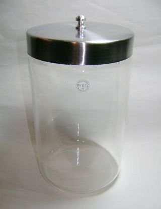 Vintage Pyrex Medical Apothecary Glass Jar Stainless Lid Cotton Ball Canister