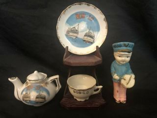 Antique Vintage Bob - Lo Island Detroit River Souvenirs Boy,  Cup & Saucer,  Teapot