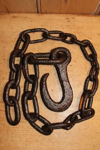 Antique Wrought Iron Hook With Length Of Old Chain Beam Heavy Chain