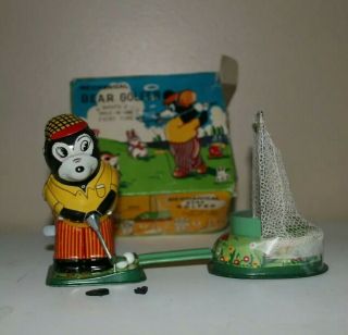 Mechanical Bear Golfer Wind Up Tin Lithograph Toy T.  P.  S.  Made In Japan Box