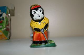 MECHANICAL BEAR GOLFER WIND UP TIN LITHOGRAPH TOY T.  P.  S.  MADE IN JAPAN BOX 2