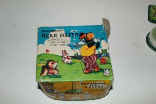 MECHANICAL BEAR GOLFER WIND UP TIN LITHOGRAPH TOY T.  P.  S.  MADE IN JAPAN BOX 8