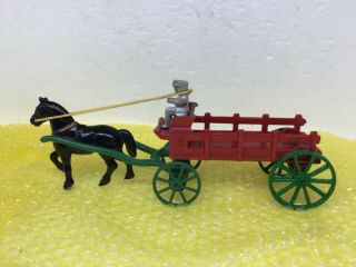 Vintage Horse Drawn Red Stake Wagon,  Cast Metal,