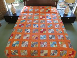 Vintage Hand Pieced All Cotton,  Maybe Some Feed Sack Bow Tie Quilt Top 84 " X 69 "